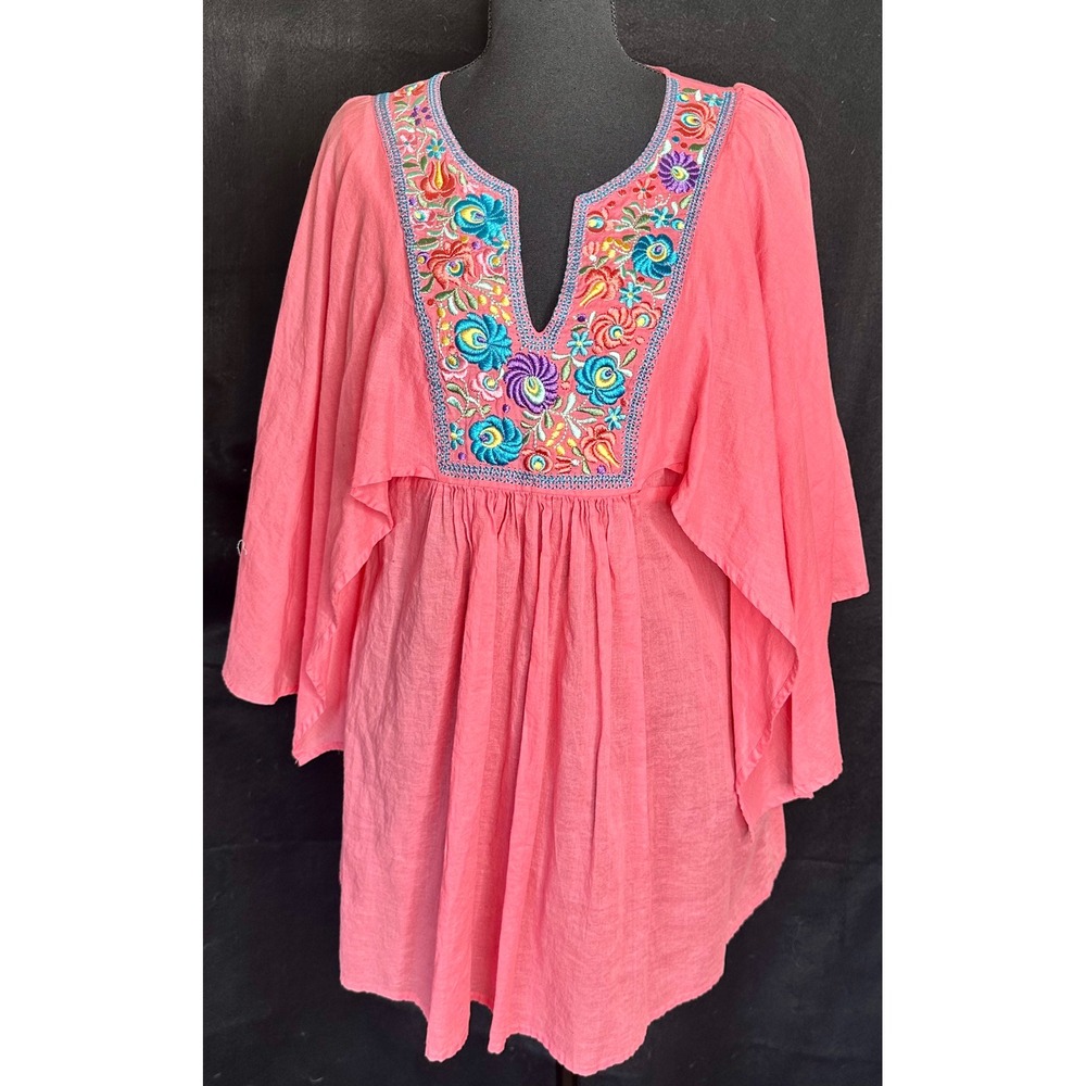 Tasha Polizzi Coral Pink Cotton Gauze Embroidered Butterfly‎ Sleeve Tunic Top M